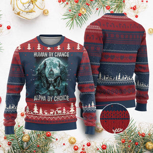 Funny Human By Chance Alpha By Choice Knit Sweatshirt Alpha Wolf TS10 Burgundy Print Your Wear