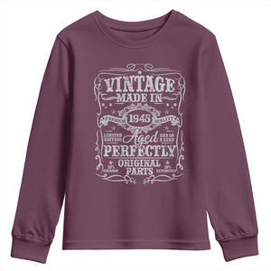 80th Birthday Gift Youth Sweatshirt Vintage Born 1945 Turning 80 Year Old TS10 Maroon Print Your Wear