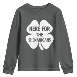 Funny Irish St Patricks Day Youth Sweatshirt Here for the Shenanigans TS10 Dark Heather Print Your Wear