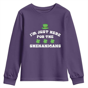 Funny Irish St Patricks Day Youth Sweatshirt I'm Just Here For The Shenanigans Shamrock TS10 Purple Print Your Wear