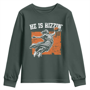 He is Rizzin Youth Sweatshirt Funny Jesus Playing Basketball Vintage Faith TS10 Dark Forest Green Print Your Wear