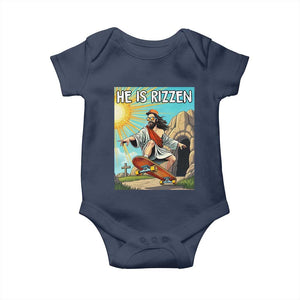 He is Rizzen Baby Onesie Funny Jesus Skateboarding Christian Meme TS10 Navy Print Your Wear