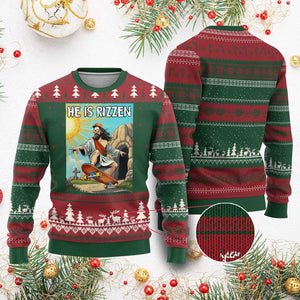 He is Rizzen Ugly Christmas Sweater Funny Jesus Skateboarding Christian Meme TS10 Red Green Print Your Wear