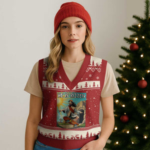 He is Rizzen V-Neck Knit Sweater Vest Funny Jesus Skateboarding Christian Meme TS10 Red Beige Print Your Wear