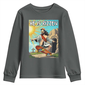 He is Rizzen Youth Sweatshirt Funny Jesus Skateboarding Christian Meme TS10 Dark Heather Print Your Wear