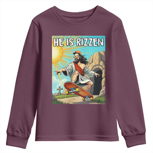 He is Rizzen Youth Sweatshirt Funny Jesus Skateboarding Christian Meme TS10 Maroon Print Your Wear