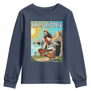 He is Rizzen Youth Sweatshirt Funny Jesus Skateboarding Christian Meme TS10 Navy Print Your Wear