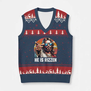 He is Rizzin V-Neck Knit Sweater Vest Funny Jesus Vintage Faith TS10 Navy Red Print Your Wear