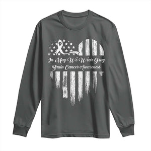 Brain Cancer Awareness Long Sleeve Shirt In May We Wear Gray American Flag Heart TS10 Dark Heather Print Your Wear