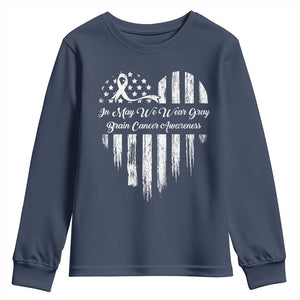 Brain Cancer Awareness Youth Sweatshirt In May We Wear Gray American Flag Heart TS10 Navy Print Your Wear