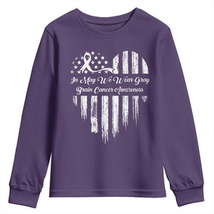 Brain Cancer Awareness Youth Sweatshirt In May We Wear Gray American Flag Heart TS10 Purple Print Your Wear