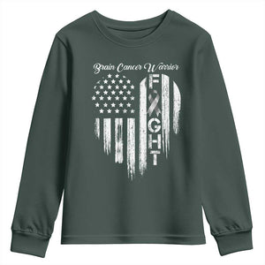 Brain Cancer Warrior Youth Sweatshirt Fight Gray Ribbon American Flag Heart TS10 Dark Forest Green Print Your Wear