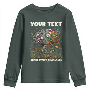 Personalized Brain Tumor Warrior Youth Sweatshirt Custom Name Gray Ribbon Brain Cancer Awareness TS10 Dark Forest Green Print Your Wear