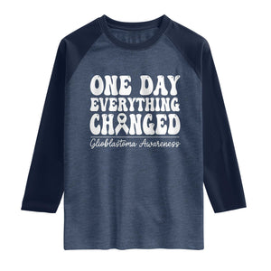 Glioblastoma Awareness Raglan Shirt Fight Brain Tumor Cure Groovy TS10 Heather Denim Navy Print Your Wear