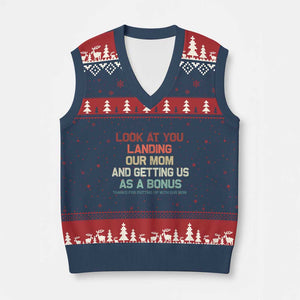 Bonus Dad V-Neck Knit Sweater Vest Funny Step Dad Look At You Landing Our Mom Getting Us As A Bonus TS10 Navy Red Print Your Wear