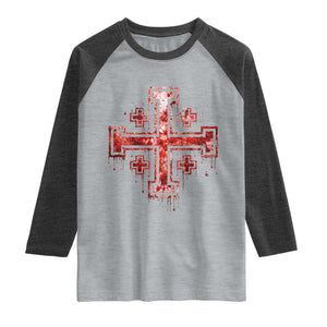 Crusader Jerusalem Cross Catholic Raglan Shirt Gothic Christian Dark Faith Grunge Blood Splatter TS10 Heather Gray Heather Charcoal Print Your Wear