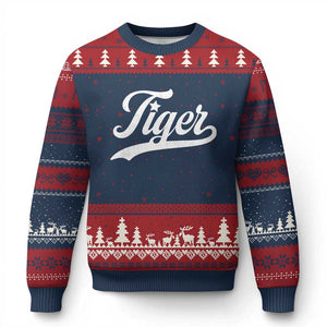 Retro Script Tiger Ugly Christmas Sweater Vintage Sports Team Name TS10 Navy Red Print Your Wear