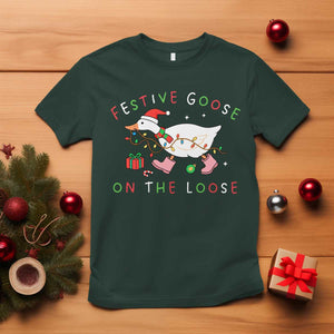 Funny Christmas Goose T Shirt Festive Goose On The Loose Xmas Duck Meme TS10 Dark Forest Green Print Your Wear
