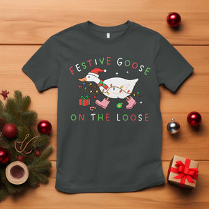 Funny Christmas Goose T Shirt Festive Goose On The Loose Xmas Duck Meme TS10 Dark Heather Print Your Wear