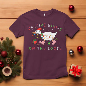 Funny Christmas Goose T Shirt Festive Goose On The Loose Xmas Duck Meme TS10 Maroon Print Your Wear