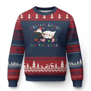 Funny Xmas Goose Ugly Christmas Sweater Festive Goose On The Loose Xmas Duck Meme TS10 Navy Red Print Your Wear
