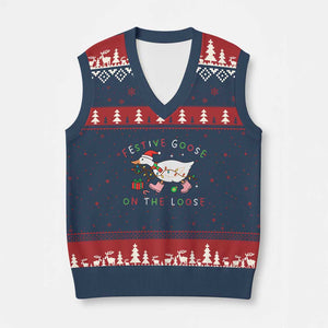Funny Xmas Goose V-Neck Knit Sweater Vest Festive Goose On The Loose Xmas Duck Meme TS10 Navy Red Print Your Wear