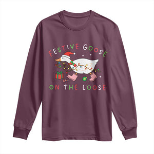Funny Christmas Goose Long Sleeve Shirt Festive Goose On The Loose Xmas Duck Meme TS10 Maroon Print Your Wear