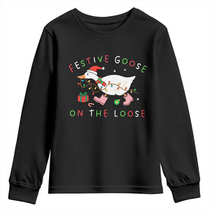 Funny Christmas Goose Youth Sweatshirt Festive Goose On The Loose Xmas Duck Meme TS10 Black Print Your Wear