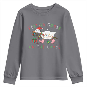 Funny Christmas Goose Youth Sweatshirt Festive Goose On The Loose Xmas Duck Meme TS10 Charcoal Print Your Wear