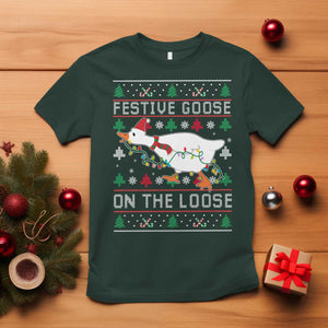 Funny Goose Ugly Christmas T Shirt Festive Goose On The Loose TS10 Dark Forest Green Print Your Wear