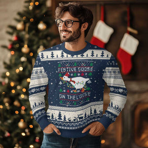 Funny Goose Ugly Xmas Ugly Christmas Sweater Festive Goose On The Loose TS10 Navy Beige Print Your Wear