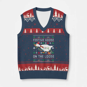 Funny Goose Ugly Xmas V-Neck Knit Sweater Vest Festive Goose On The Loose TS10 Navy Red Print Your Wear