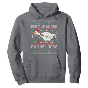 Funny Goose Ugly Christmas Hoodie Festive Goose On The Loose TS10 Charcoal Print Your Wear