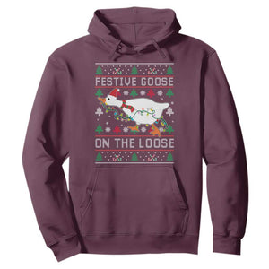 Funny Goose Ugly Christmas Hoodie Festive Goose On The Loose TS10 Maroon Print Your Wear