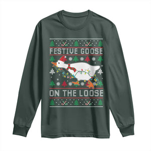 Funny Goose Ugly Christmas Long Sleeve Shirt Festive Goose On The Loose TS10 Dark Forest Green Print Your Wear
