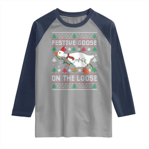 Funny Goose Ugly Christmas Raglan Shirt Festive Goose On The Loose TS10 Sport Gray Navy Print Your Wear