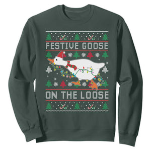 Funny Goose Ugly Christmas Sweatshirt Festive Goose On The Loose TS10 Dark Forest Green Print Your Wear
