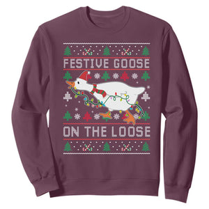 Funny Goose Ugly Christmas Sweatshirt Festive Goose On The Loose TS10 Maroon Print Your Wear