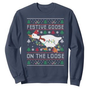 Funny Goose Ugly Christmas Sweatshirt Festive Goose On The Loose TS10 Navy Print Your Wear
