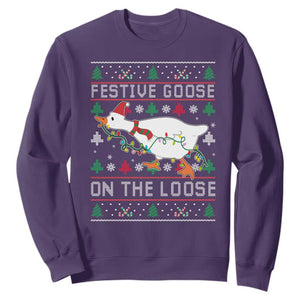 Funny Goose Ugly Christmas Sweatshirt Festive Goose On The Loose TS10 Purple Print Your Wear