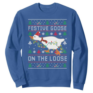 Funny Goose Ugly Christmas Sweatshirt Festive Goose On The Loose TS10 Royal Blue Print Your Wear