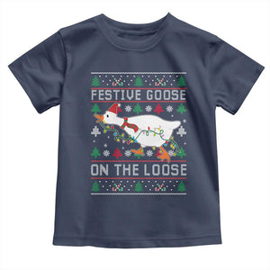Funny Goose Ugly Christmas Toddler T Shirt Festive Goose On The Loose TS10 Navy Print Your Wear