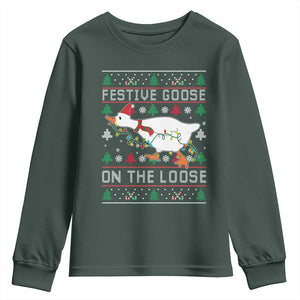 Funny Goose Ugly Christmas Youth Sweatshirt Festive Goose On The Loose TS10 Dark Forest Green Print Your Wear
