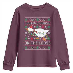 Funny Goose Ugly Christmas Youth Sweatshirt Festive Goose On The Loose TS10 Maroon Print Your Wear