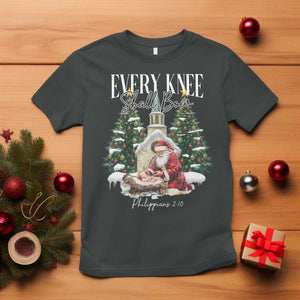 Every Knee Shall Bow T Shirt Nativity Scene Santa and Baby Jesus Christmas TS10 Dark Heather Print Your Wear