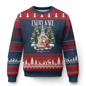 Every Knee Shall Bow Ugly Christmas Sweater Nativity Scene Santa and Baby Jesus Xmas TS10 Navy Red Print Your Wear