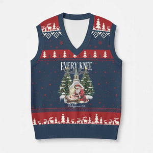 Every Knee Shall Bow V-Neck Knit Sweater Vest Nativity Scene Santa and Baby Jesus Xmas TS10 Navy Red Print Your Wear