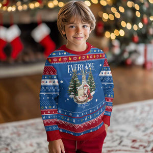 Every Knee Shall Bow Hanukkah Ugly Sweater Nativity Scene Santa and Baby Jesus Christmas TS10 Blue Red Print Your Wear