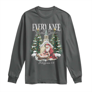 Every Knee Shall Bow Long Sleeve Shirt Nativity Scene Santa and Baby Jesus Christmas TS10 Dark Heather Print Your Wear