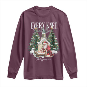 Every Knee Shall Bow Long Sleeve Shirt Nativity Scene Santa and Baby Jesus Christmas TS10 Maroon Print Your Wear